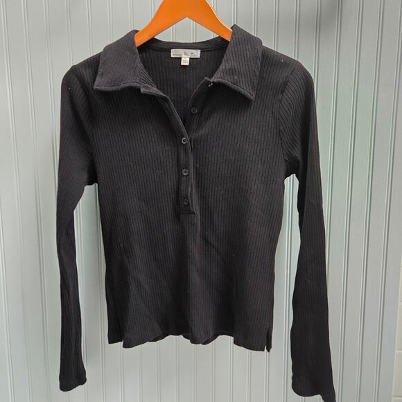Nine Britton Black Collared Button Henley Long Sleeve Rib Knit Sweater - Picture 1 of 4